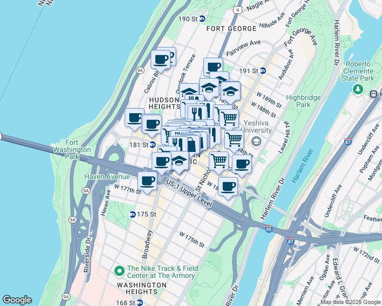 map of restaurants, bars, coffee shops, grocery stores, and more near 4260 Broadway in New York