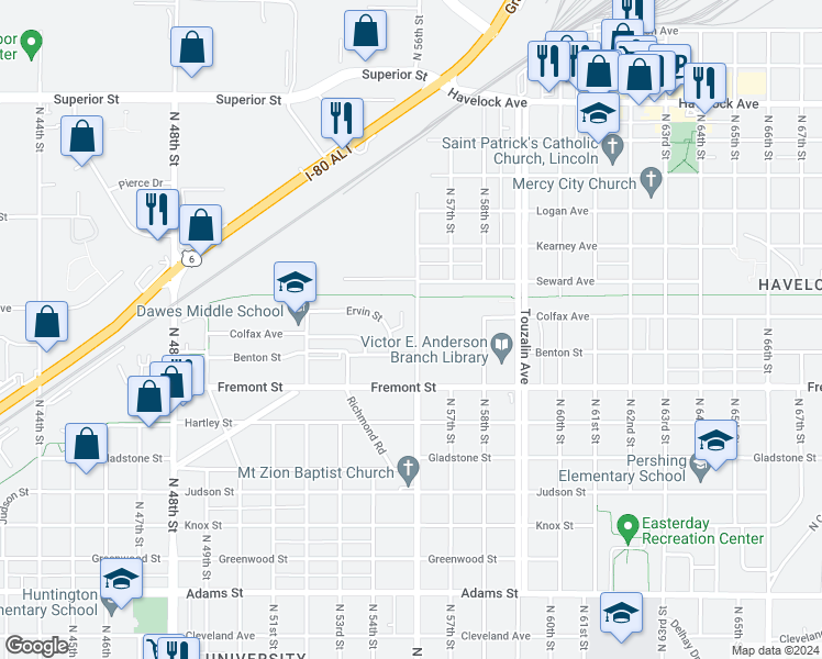 map of restaurants, bars, coffee shops, grocery stores, and more near 3731 North 56th Street in Lincoln