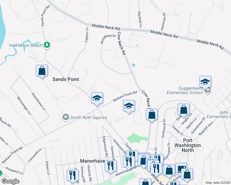 map of restaurants, bars, coffee shops, grocery stores, and more near 11 Dogwood Lane in Port Washington