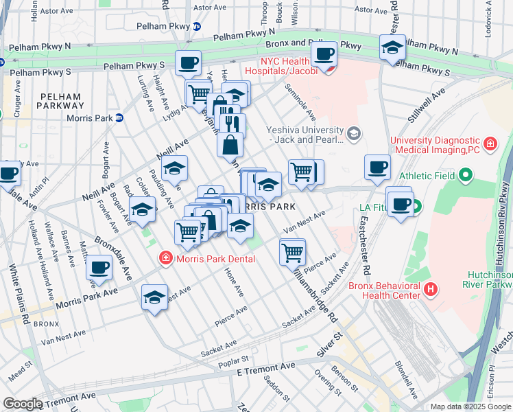 map of restaurants, bars, coffee shops, grocery stores, and more near 1801 Williamsbridge Road in The Bronx