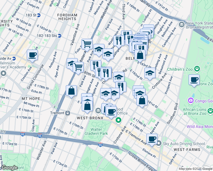 map of restaurants, bars, coffee shops, grocery stores, and more near 542 East 180th Street in Bronx