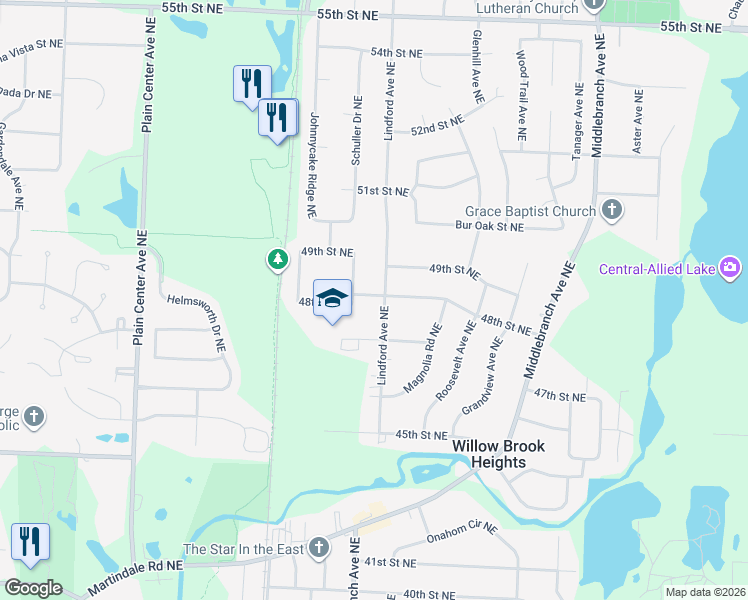 map of restaurants, bars, coffee shops, grocery stores, and more near 4745 Lindford Avenue Northeast in Canton