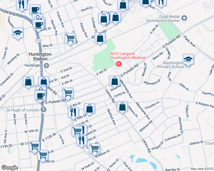map of restaurants, bars, coffee shops, grocery stores, and more near 158 East Pulaski Road in Huntington Station