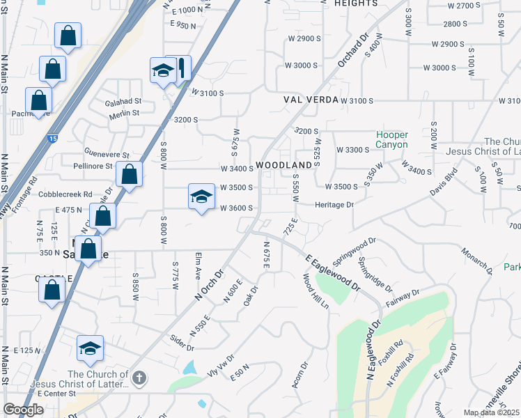 map of restaurants, bars, coffee shops, grocery stores, and more near 3599 Orchard Drive in Bountiful