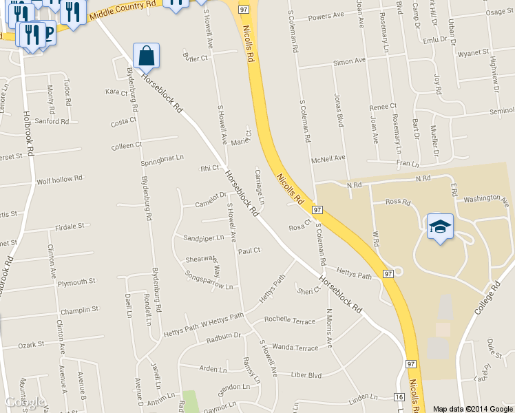 map of restaurants, bars, coffee shops, grocery stores, and more near 6 Carriage Lane in Centereach
