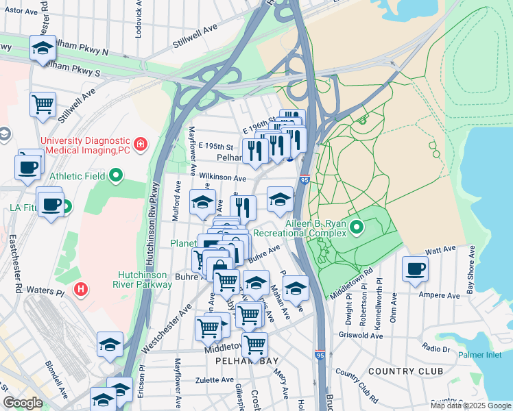 map of restaurants, bars, coffee shops, grocery stores, and more near 3184 Westchester Avenue in The Bronx
