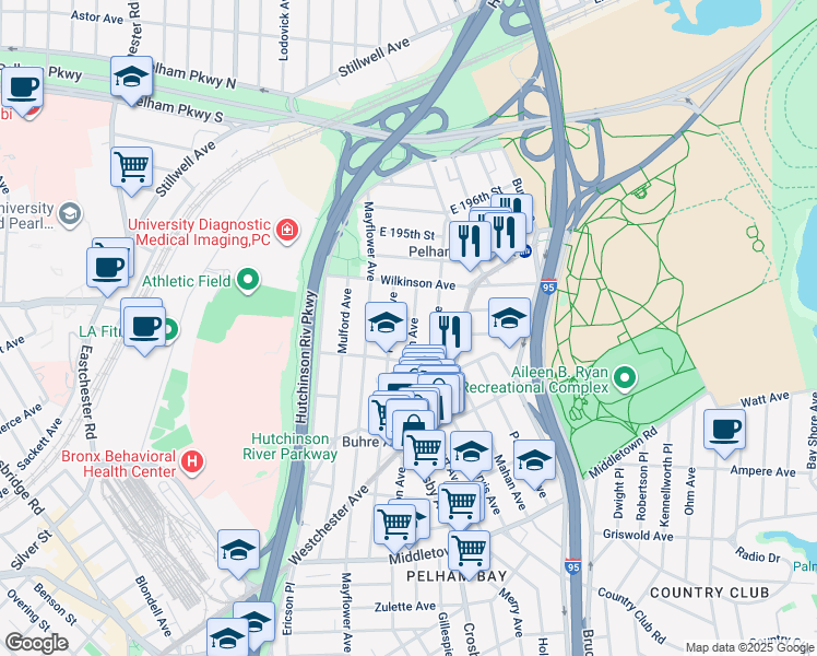 map of restaurants, bars, coffee shops, grocery stores, and more near in The Bronx