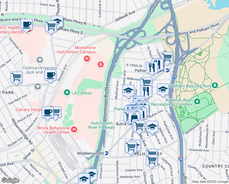 map of restaurants, bars, coffee shops, grocery stores, and more near 1946 Mulford Avenue in Bronx