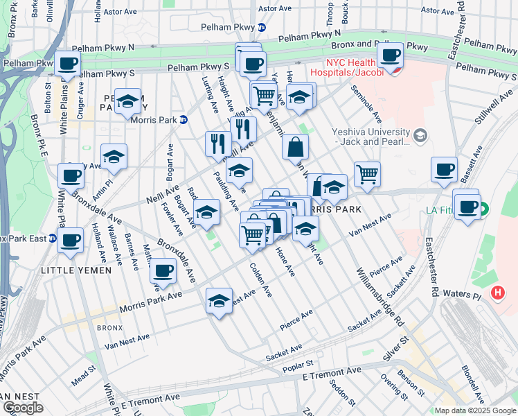 map of restaurants, bars, coffee shops, grocery stores, and more near 1068 Rhinelander Avenue in Bronx