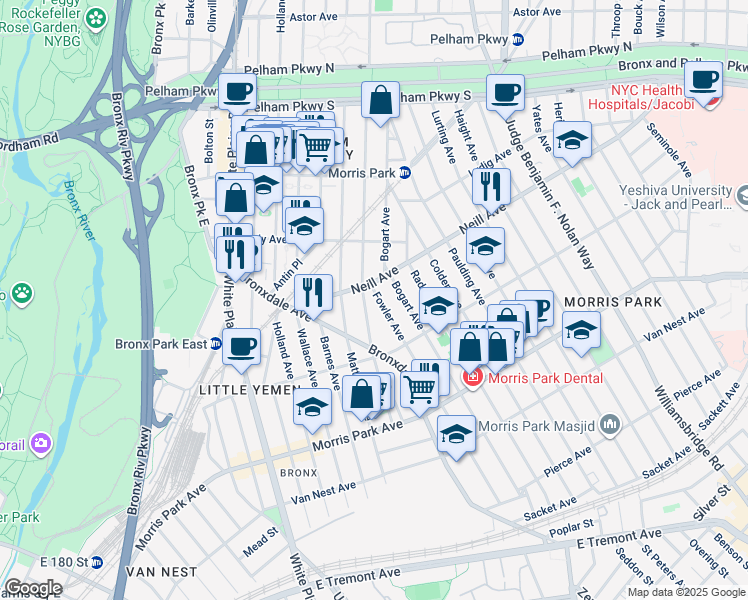 map of restaurants, bars, coffee shops, grocery stores, and more near 915 Neill Avenue in Bronx