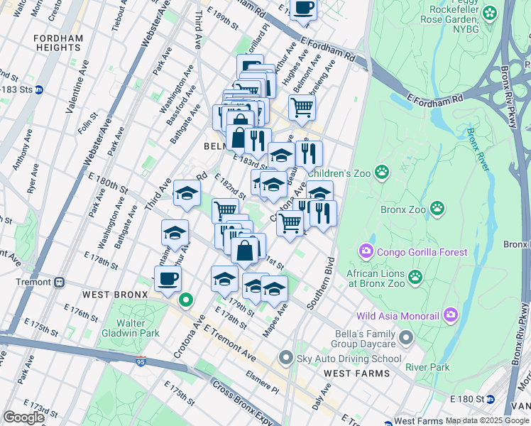 map of restaurants, bars, coffee shops, grocery stores, and more near in The Bronx