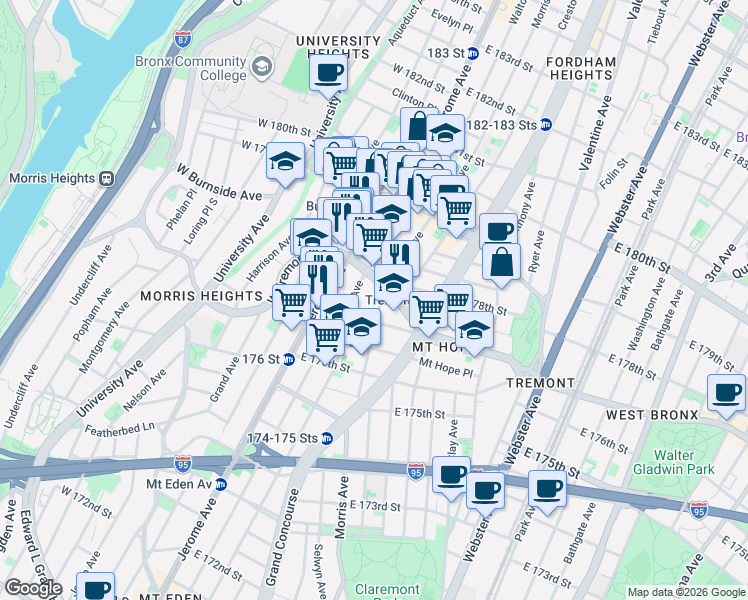 map of restaurants, bars, coffee shops, grocery stores, and more near in The Bronx
