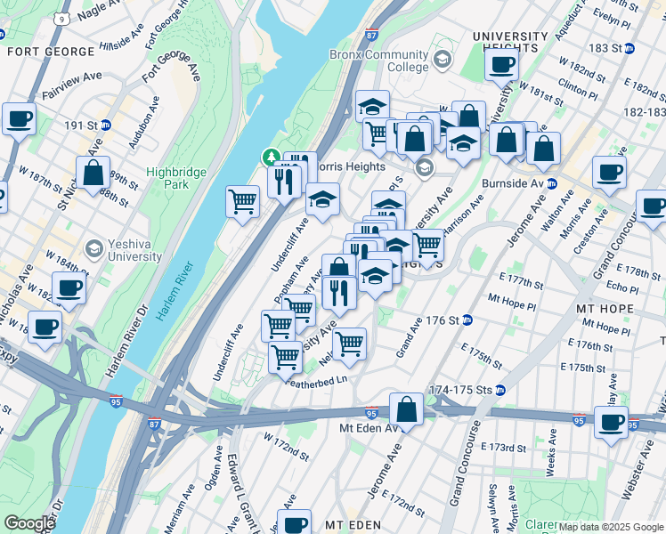 map of restaurants, bars, coffee shops, grocery stores, and more near 1764 Popham Avenue in Bronx