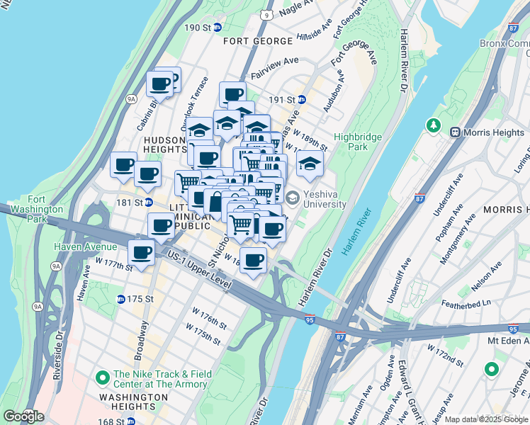 map of restaurants, bars, coffee shops, grocery stores, and more near 569 West 184th Street in New York