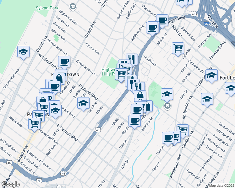 map of restaurants, bars, coffee shops, grocery stores, and more near 548A 4th Street in Palisades Park