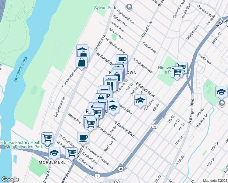 map of restaurants, bars, coffee shops, grocery stores, and more near 17A West Washington Place in Palisades Park