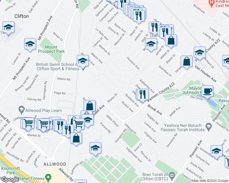 map of restaurants, bars, coffee shops, grocery stores, and more near 107 Rowland Avenue in Clifton