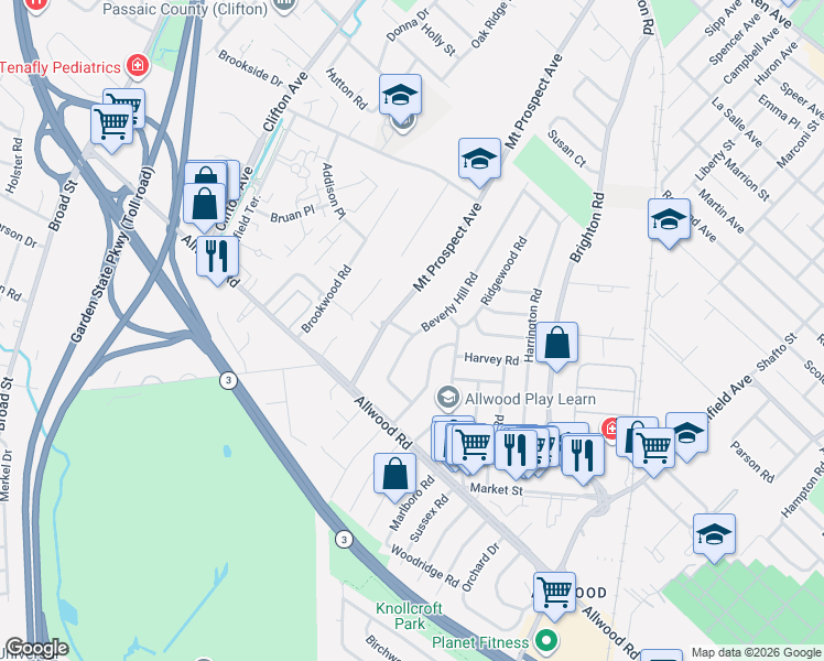 map of restaurants, bars, coffee shops, grocery stores, and more near 95 Beverly Hill Road in Clifton