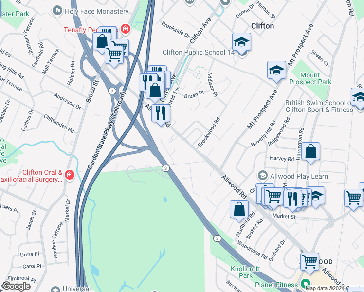 map of restaurants, bars, coffee shops, grocery stores, and more near 866 Allwood Road in Clifton
