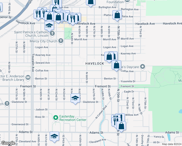 map of restaurants, bars, coffee shops, grocery stores, and more near 6610 Colfax Avenue in Lincoln