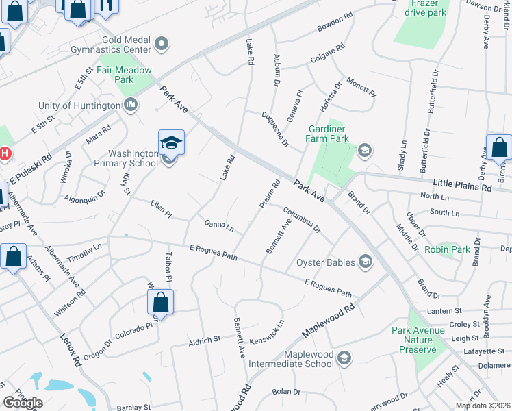 map of restaurants, bars, coffee shops, grocery stores, and more near 21 Prairie Road in Huntington Station