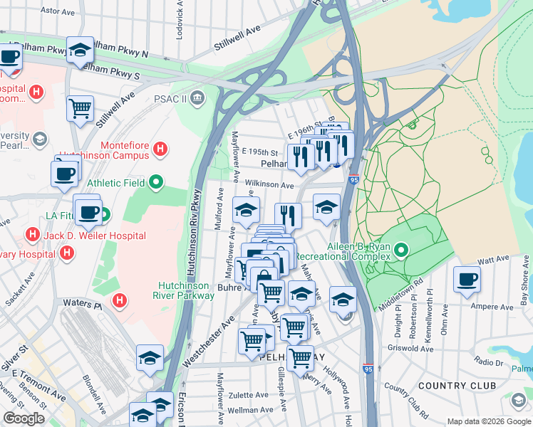 map of restaurants, bars, coffee shops, grocery stores, and more near 1957 Hobart Avenue in Bronx