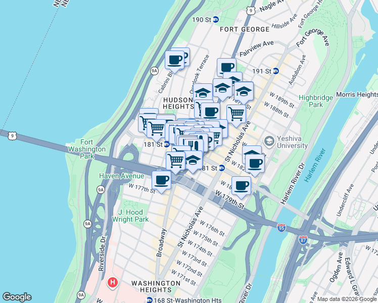 map of restaurants, bars, coffee shops, grocery stores, and more near West 181st Street in New York