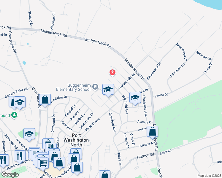 map of restaurants, bars, coffee shops, grocery stores, and more near 87 Highfield Avenue in Port Washington