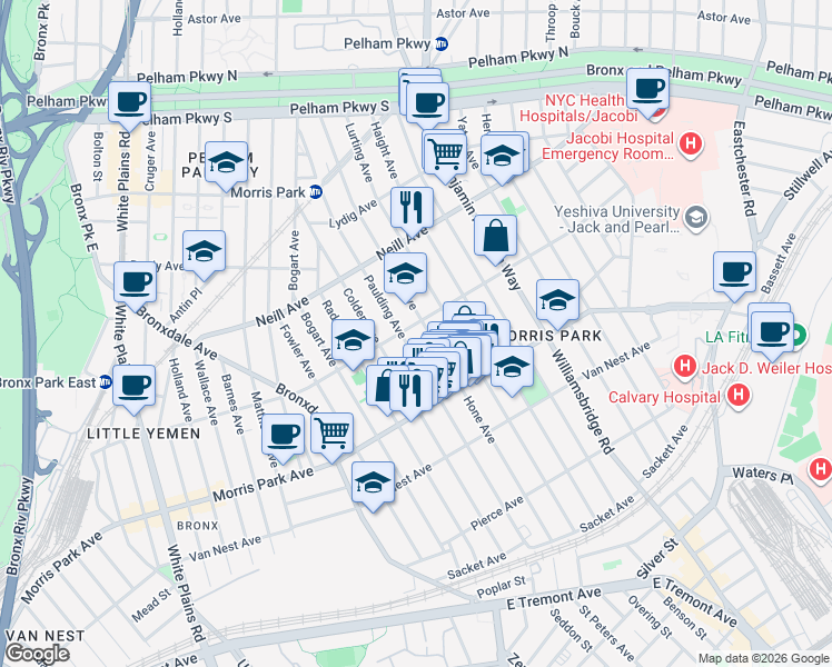 map of restaurants, bars, coffee shops, grocery stores, and more near in The Bronx