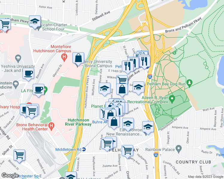 map of restaurants, bars, coffee shops, grocery stores, and more near 1957 Hobart Avenue in Bronx