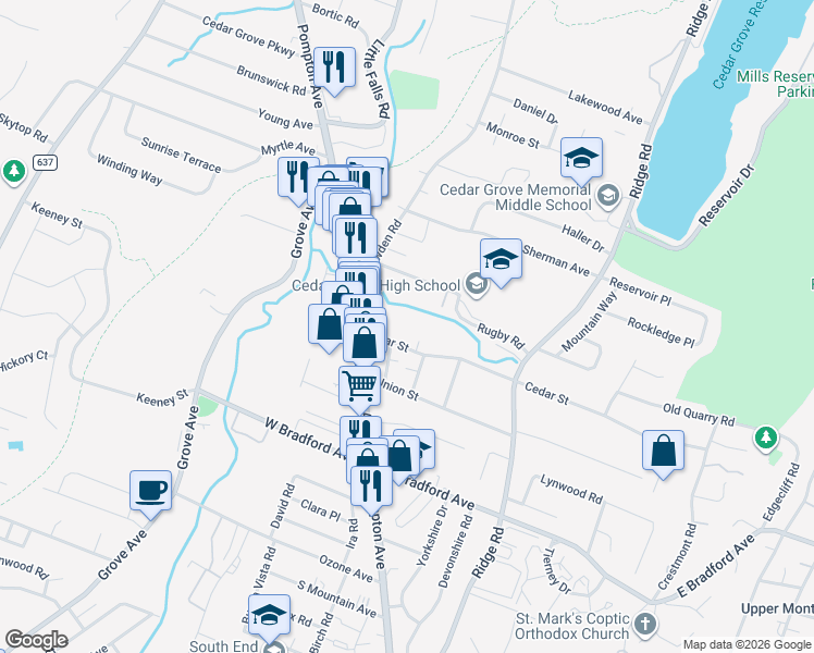 map of restaurants, bars, coffee shops, grocery stores, and more near 18 Cedar Street in Cedar Grove