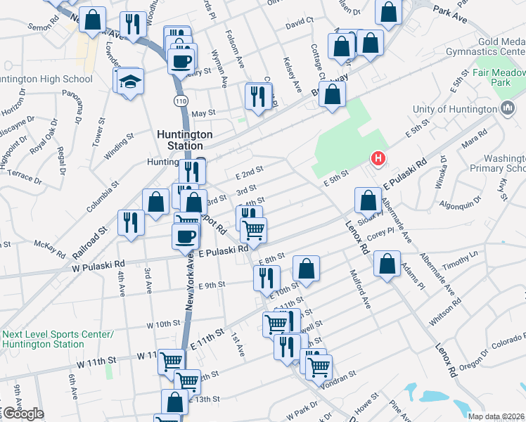 map of restaurants, bars, coffee shops, grocery stores, and more near 28 East 4th Street in Huntington Station