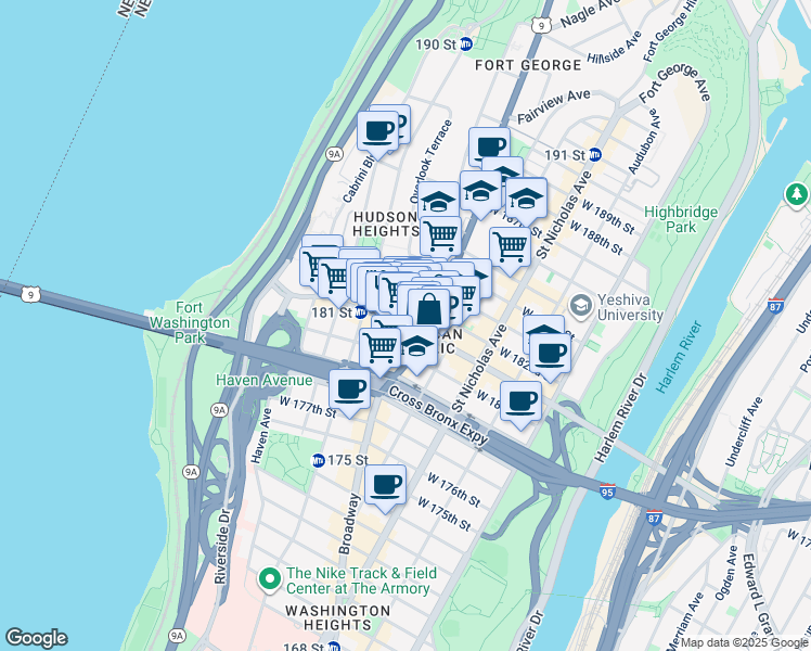 map of restaurants, bars, coffee shops, grocery stores, and more near W 181st St & Bennett Ave in New York
