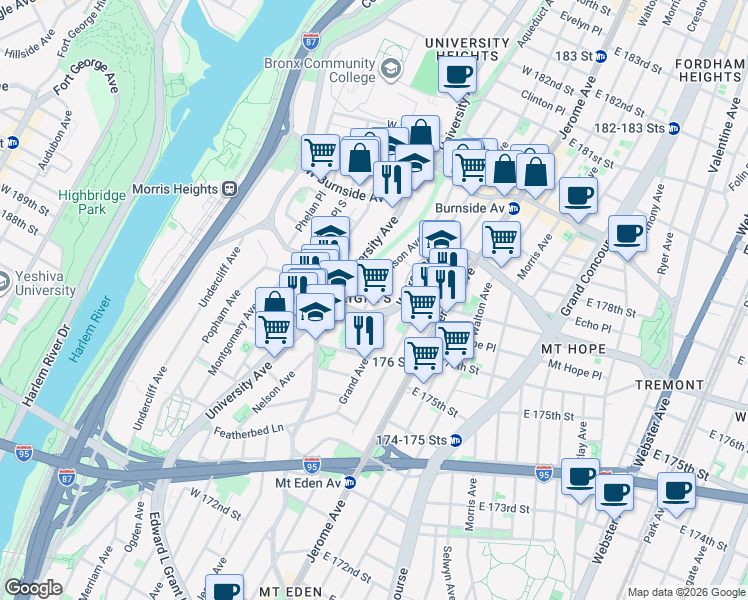 map of restaurants, bars, coffee shops, grocery stores, and more near 147 Morton Place in The Bronx
