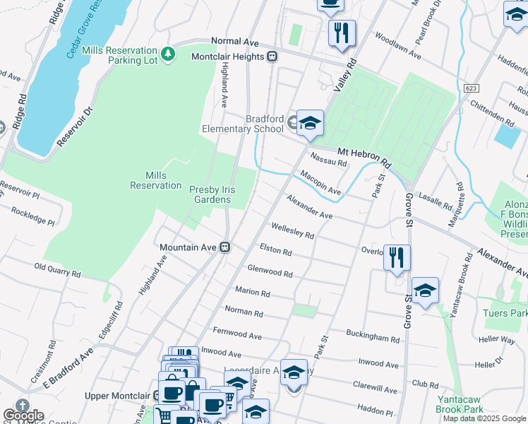 map of restaurants, bars, coffee shops, grocery stores, and more near 12 Garfield Place in Montclair