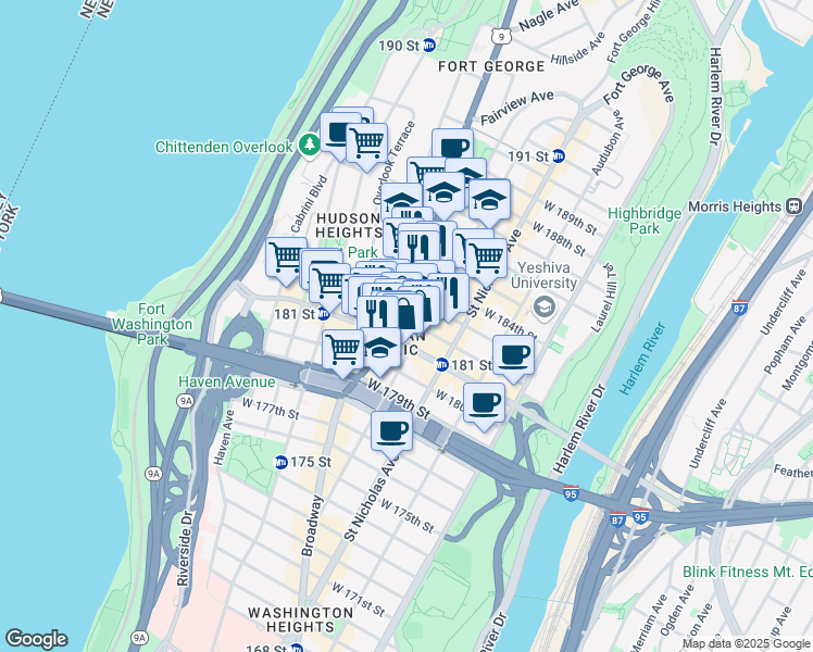 map of restaurants, bars, coffee shops, grocery stores, and more near 177 Wadsworth Avenue in New York