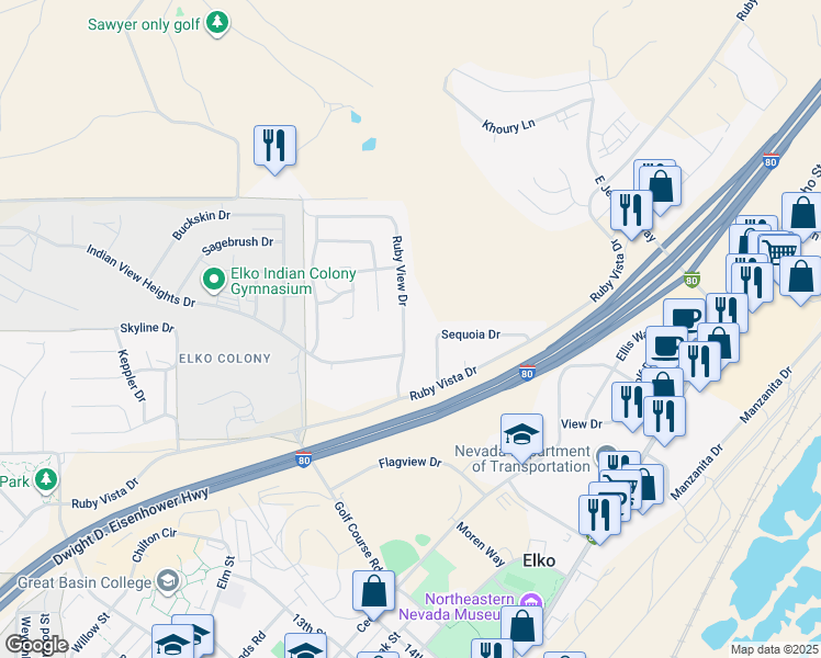 map of restaurants, bars, coffee shops, grocery stores, and more near 1776 Ruby View Drive in Elko