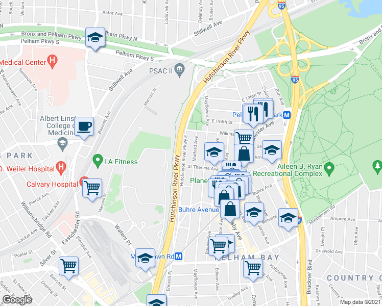map of restaurants, bars, coffee shops, grocery stores, and more near 1946 Mulford Avenue in Bronx
