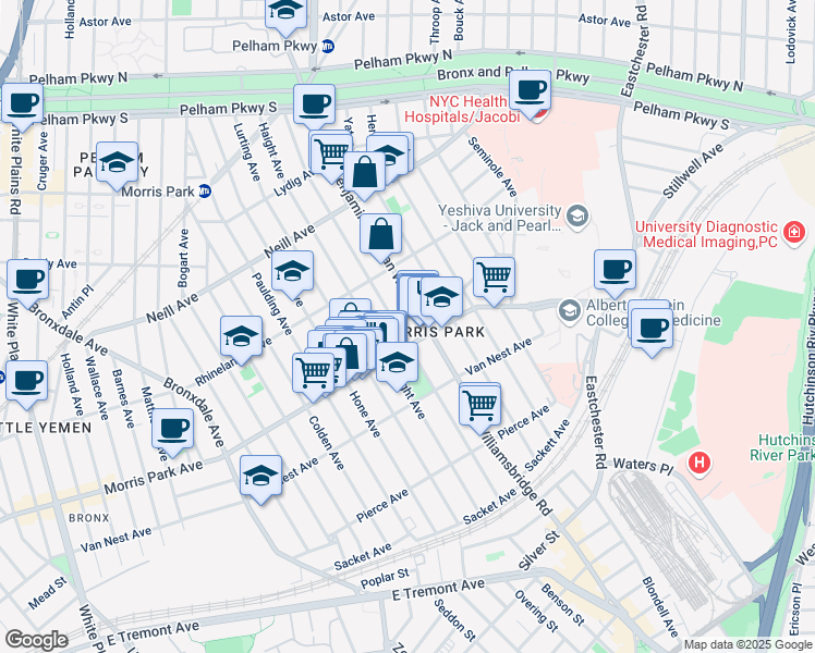 map of restaurants, bars, coffee shops, grocery stores, and more near 1833 Williamsbridge Road in Bronx