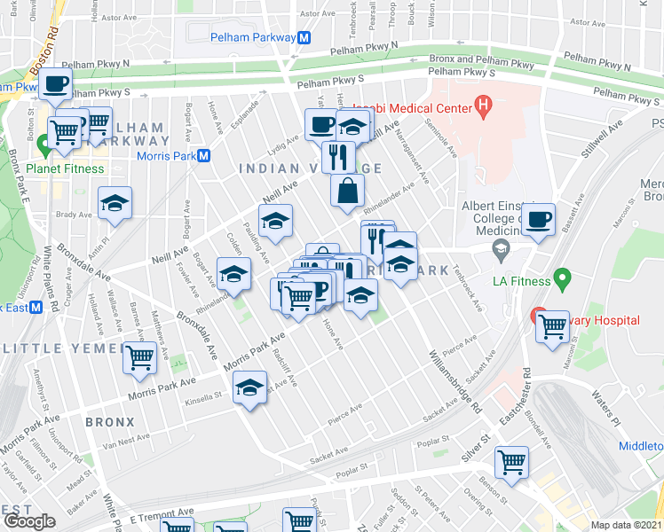 map of restaurants, bars, coffee shops, grocery stores, and more near 1854 Haight Avenue in Bronx