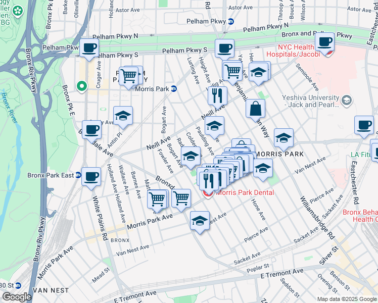 map of restaurants, bars, coffee shops, grocery stores, and more near 1938 Colden Avenue in Bronx