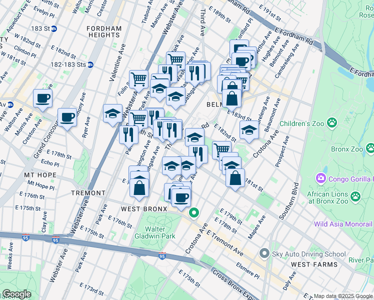 map of restaurants, bars, coffee shops, grocery stores, and more near 2120 Quarry Road in Bronx