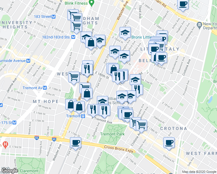 map of restaurants, bars, coffee shops, grocery stores, and more near 2083 Washington Avenue in Bronx