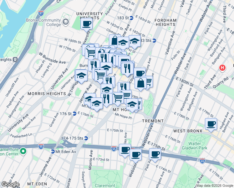 map of restaurants, bars, coffee shops, grocery stores, and more near 1985 Creston Avenue in Bronx