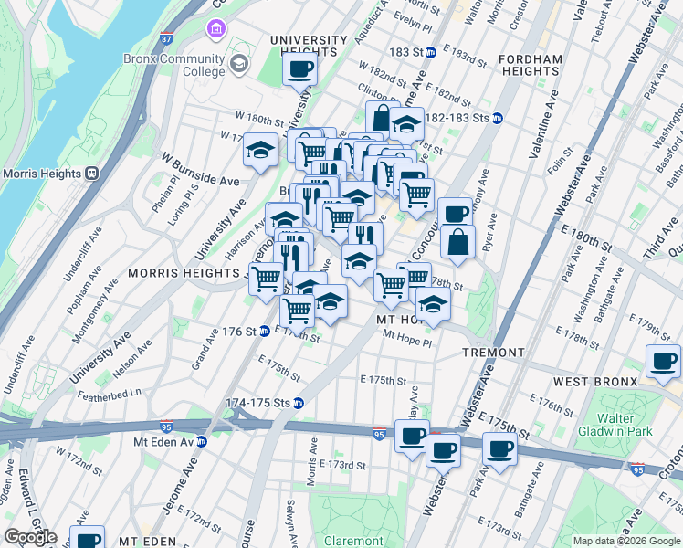 map of restaurants, bars, coffee shops, grocery stores, and more near in The Bronx
