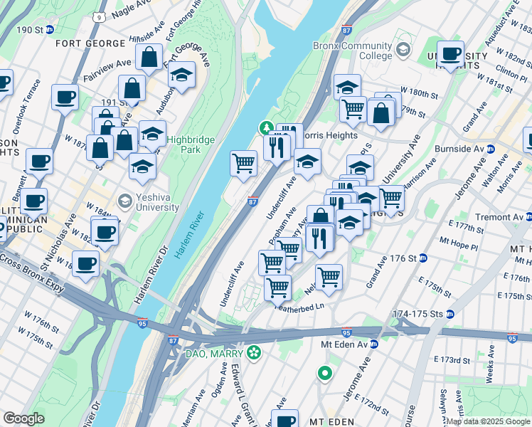 map of restaurants, bars, coffee shops, grocery stores, and more near 1750 Sedgwick Avenue in Bronx