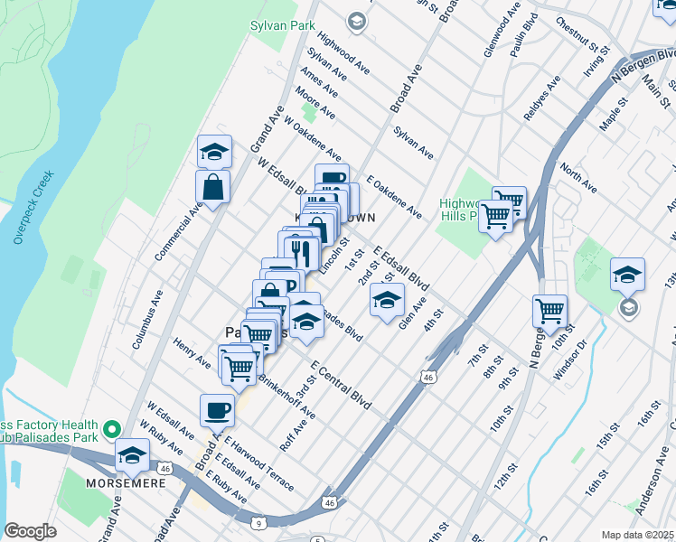 map of restaurants, bars, coffee shops, grocery stores, and more near 435 Lincoln Street in Palisades Park