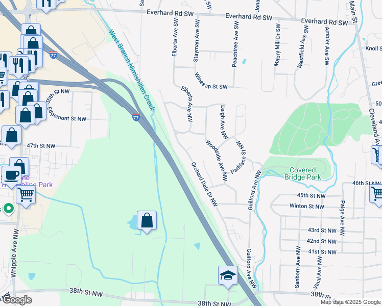map of restaurants, bars, coffee shops, grocery stores, and more near 4660 Orchard Dale Drive Northwest in Canton