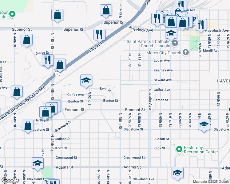 map of restaurants, bars, coffee shops, grocery stores, and more near 5410 Ervin Street in Lincoln