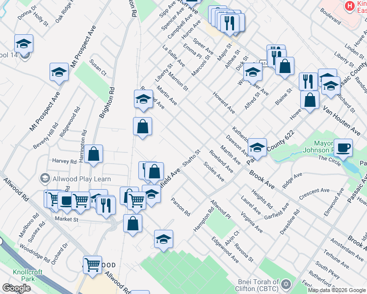 map of restaurants, bars, coffee shops, grocery stores, and more near 107 Rowland Avenue in Clifton